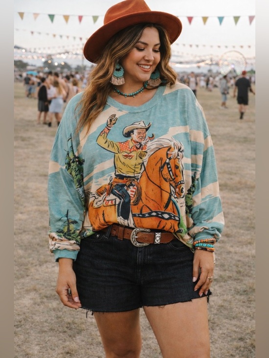 Tops - Vintage InspiredWestern Roy Roger’s Cowboy Graphic Pullover in Teal & Orange 2X